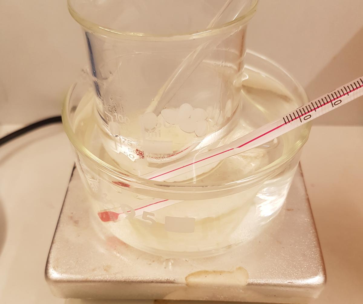 Oily phase ingredients are placed in a beaker inside a water bath and mixed using a magnetic stirrer or glass rod.