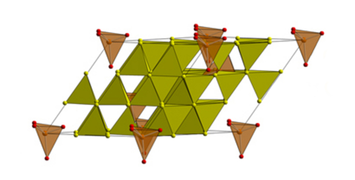 Crystal structure of bismuth vanadate. Two main mechanisms contribute to the conductor’s favourable dynamics: one in the Bi-O sub-lattice (green) and the other in the V-O sub-lattice (brown)