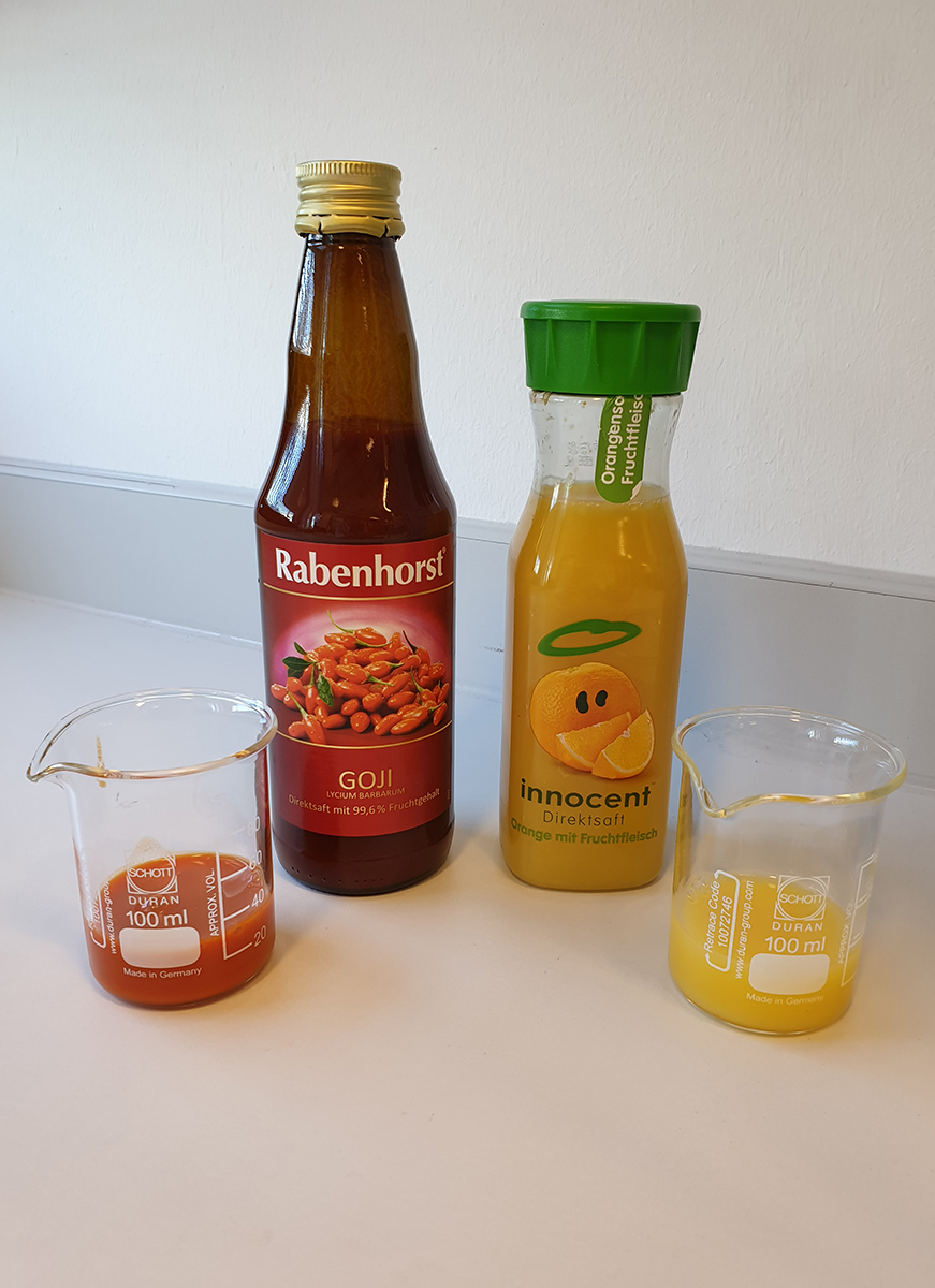 Goji berry juice (left) and orange juice (right)