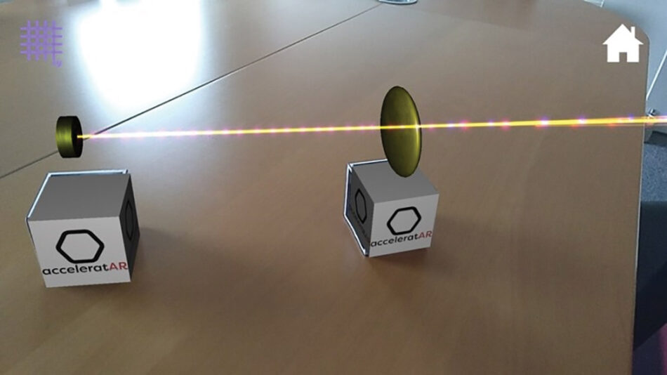 A screenshot of acceleratAR app with the particle source and radiofrequency cavity cubes, showing the virtual light beam being accelerated.